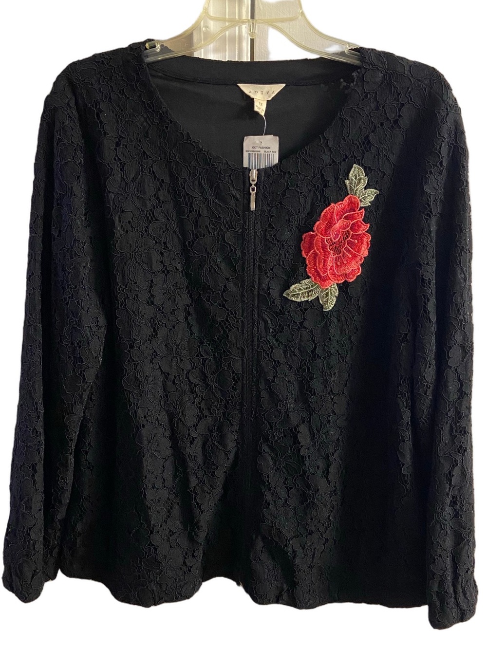 Adiva Black Floral Lace Full Zip Top Red Rose Applique Long Sleeve 1X NWT